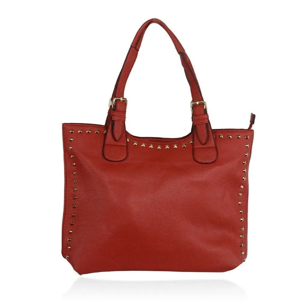Vegan Leather Gold  Studded Tote Bag Red